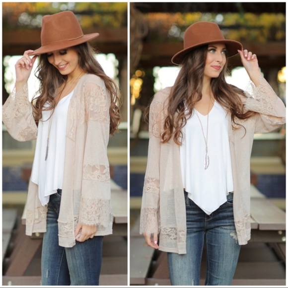 Taupe Lace Kimono Cardigan - Picture 3 of 3